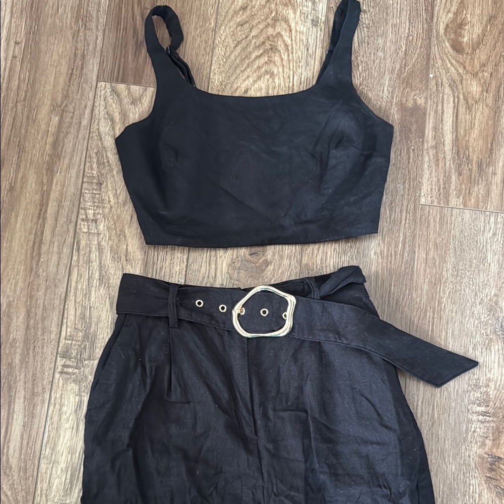 Black Linen Two Piece Set with Gold Buckle high waist pants house of Harlow szXS